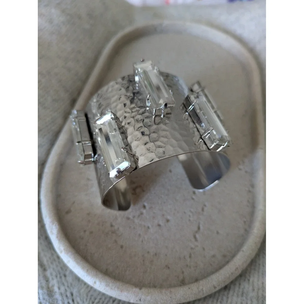 Hammered Silver Tone Cuff Bracelet With Rectangle Rhinestones Chunky Wide Glam